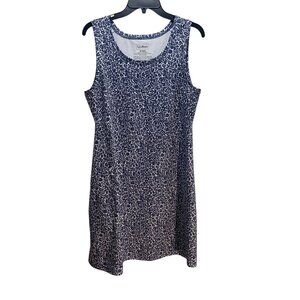 LL Bean Traveler Dress Comfy Stretchy Floral Womens M Navy Sleeveless Pocket